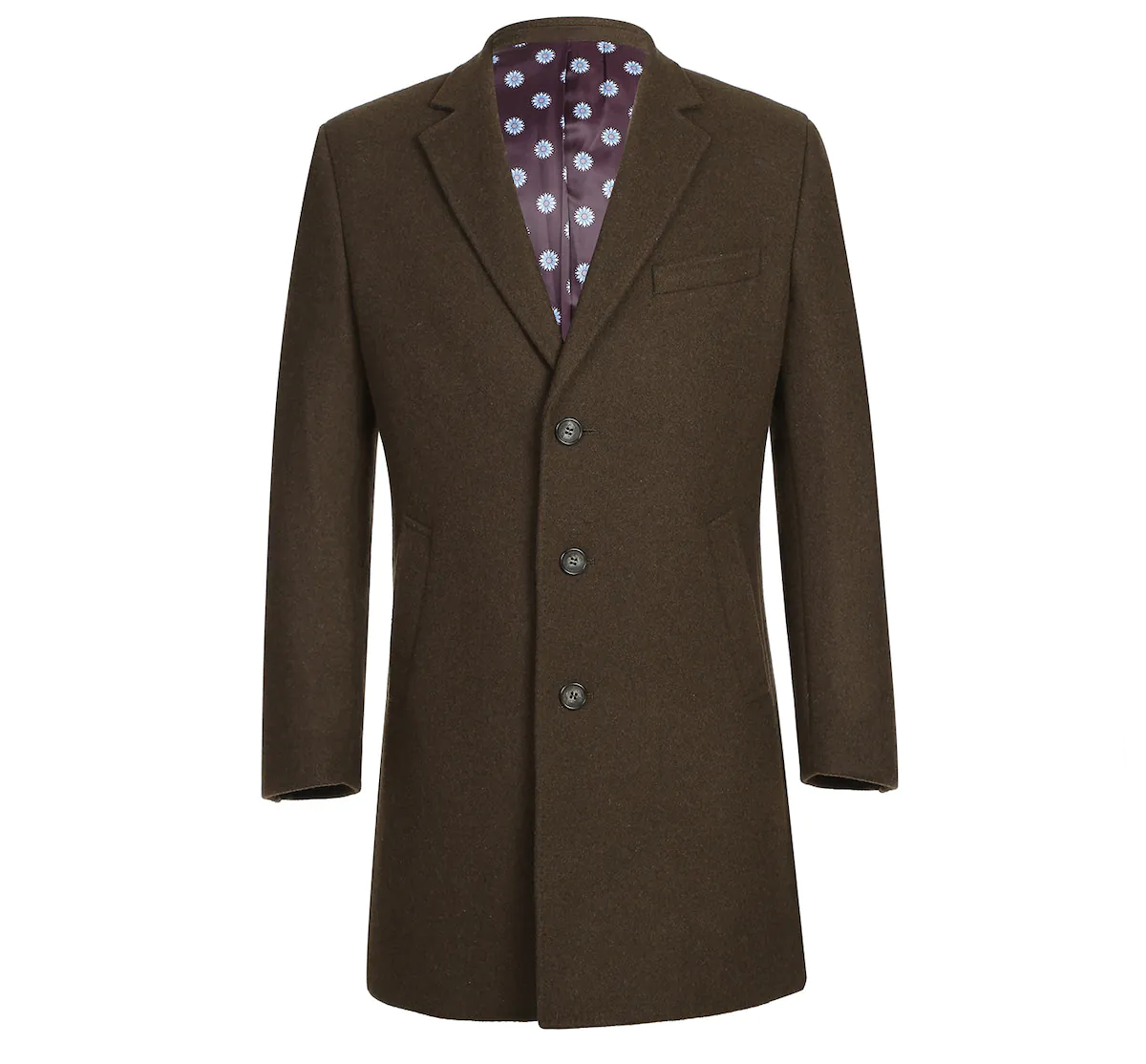 Men's Wool Blend Breasted Solid Olive 3/4 Length Top Coat