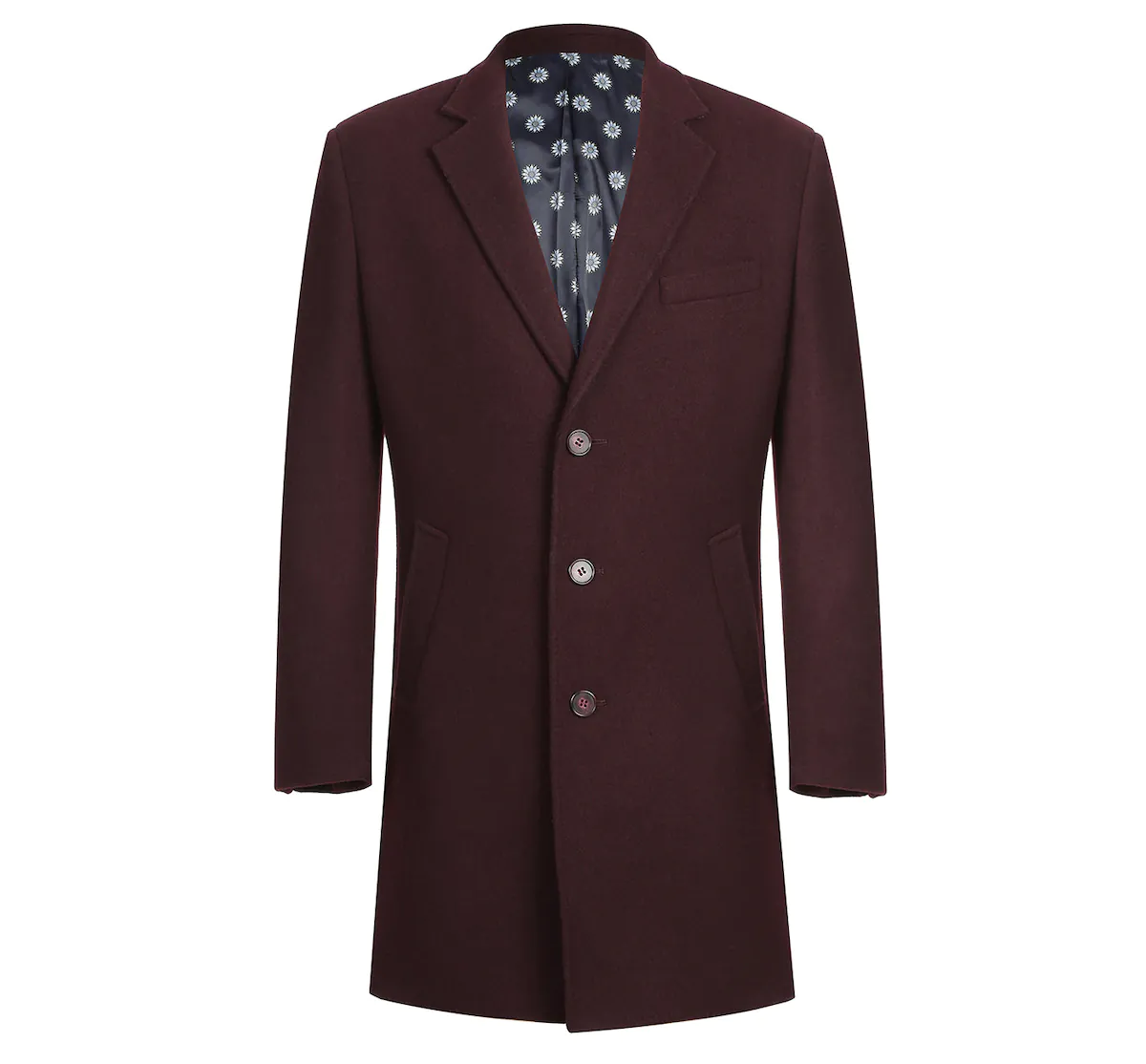 Men's Wool Blend Breasted Solid Burgundy 3/4 Length Top Coat