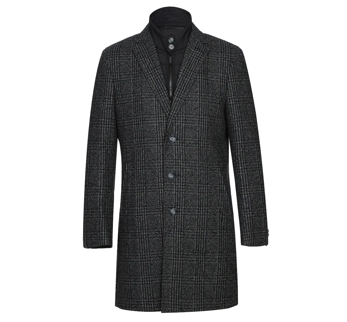 Mens Wool Blend Black/White Windowpane 3/4 Length Winter Coat with Neck Liner