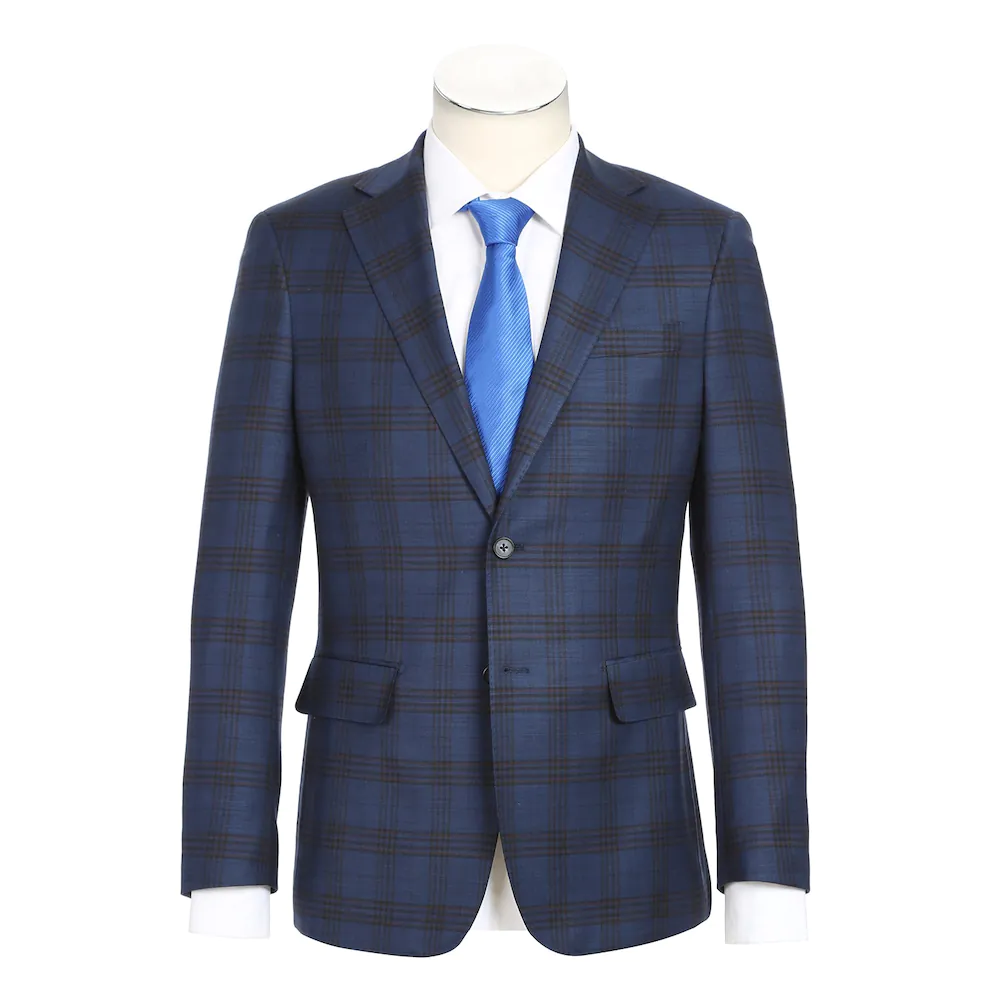 Navy with Block Red Check Notch Wool Suit